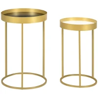 HOMCOM Nest of Tables, Round Coffee Table Set of 2, Nesting Tables with Embedded Tabletop and Metal Frame, Gold Side Table for Living Room, Bedroom(m-1)