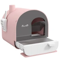 PawHut Caixa de Areia para Gatos com Porta Dianteira Bandeja Removível Pá Tapete e Filtro 43x44x47 cm Rosa(m-10)
