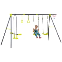 Outsunny 4 IN 1 Kids Garden Swing Set for Backyard, Outdoor Play Equipment, w/ Adjustable Swing Seats, Seesaw, Basket Hoop, Gym Rings, A-Frame Metal Stand, for Ages 3-10 Years(m-1)