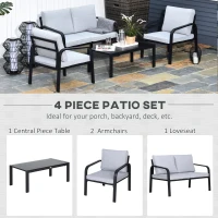 Outsunny 4pcs Garden Sofa Set 2 Single Armchair, 1 Bench & 1 Coffee Table Set Aluminum Frame Patio Furniture with Cushions, Black(m-7)