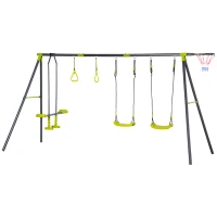 Outsunny Kinderschaukel Gartenschaukel mit Metallgestell Schaukelgerüst Schaukelset Klettern Ringe Wippe bis 150 kg Outdoor 365 x 138 x 175 cm(m-10)