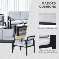 Outsunny 4pcs Garden Sofa Set 2 Single Armchair, 1 Bench & 1 Coffee Table Set Aluminum Frame Patio Furniture with Cushions, Black(m-5)