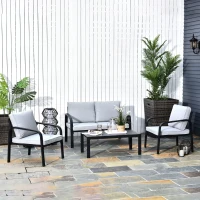 Outsunny 4pcs Garden Sofa Set 2 Single Armchair, 1 Bench & 1 Coffee Table Set Aluminum Frame Patio Furniture with Cushions, Black(m-3)