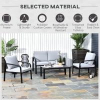 Outsunny 4pcs Garden Sofa Set 2 Single Armchair, 1 Bench & 1 Coffee Table Set Aluminum Frame Patio Furniture with Cushions, Black(m-6)