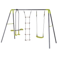 HOMCOM Conjunto de Baloiços 3 em 1 para Crianças acima de 3 Anos Baloiços e Escada de Corda 295x138x175 cm Cinza e Verde(m-11)