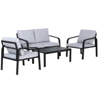 Outsunny 4pcs Garden Sofa Set 2 Single Armchair, 1 Bench & 1 Coffee Table Set Aluminum Frame Patio Furniture with Cushions, Black