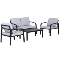 Outsunny 4pcs Garden Sofa Set 2 Single Armchair, 1 Bench & 1 Coffee Table Set Aluminum Frame Patio Furniture with Cushions, Black(m-1)