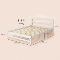 HOMCOM Estrutura de Cama de Madeira Estrado de Cama de Casal para Colchão 190x135 cm Carga 300 kg 195x141x80 cm Branco(m-3)