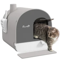 PawHut Hooded Cat Litter Box, Kitten Litter Tray, with Lid, Scoop, Filter, Flap Door, Light Grey(m-1)