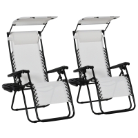 Outsunny 2 Piece Foldable Reclining Garden Chair with Headrest, Zero Gravity Deck Sun Lounger Seat Chair with Footrest, Armrest, Cup Holder & Canopy Shade, White