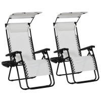 Outsunny 2 Piece Foldable Reclining Garden Chair with Headrest, Zero Gravity Deck Sun Lounger Seat Chair with Footrest, Armrest, Cup Holder & Canopy Shade, White(m-11)