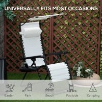 Outsunny 2 Piece Foldable Reclining Garden Chair with Headrest, Zero Gravity Deck Sun Lounger Seat Chair with Footrest, Armrest, Cup Holder & Canopy Shade, White(m-7)