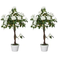 Outsunny Conjunto de 2 Plantas Artificiais Rosas Artificiais com 21 Flores e Vaso de Cimento para Decoração de Casa Verde e Branco(m-9)