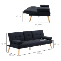 HOMCOM Sofá Cama 3 Lugares com Encosto Ajustável Apoio para os Braços Desmontável e 2 Suportes para Copos 181x77x78 cm Cinza(m-3)