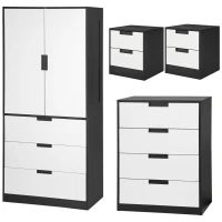 HOMCOM Bedroom Furniture Set, Wardrobe with Hanging Rod, 4 Drawer Chest of Drawers, 2 Bedside Tables with Storage, White and Black(m-11)