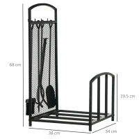 HOMCOM Portalegna da Interno ed Esterno in Metallo con Ganci e 4 Attrezzi Inclusi, 39x39x68cm, Nero(m-3)