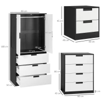 HOMCOM Bedroom Furniture Set, Wardrobe with Hanging Rod, 4 Drawer Chest of Drawers, 2 Bedside Tables with Storage, White and Black(m-3)
