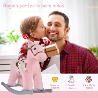 HOMCOM Caballito Balancín con Felpa con Osito de Peluche para Niños 18-36 Meses Caballo Mecedora Sonidos de Relincho y Galope Base de Madera Asiento 35 cm Carga 30 kg 65x26x55 cm Rosa(m-7)