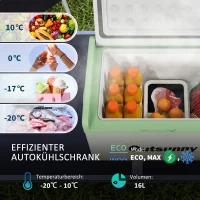 Outsunny Auto Koelkast, Koelbox, 16L, -20℃ tot 10℃, ECO/MAX, 60x32x26cm, Groen/Grijs(m-4)