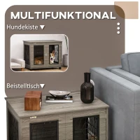 PawHut Hundebox mit Liegekissen, bis 20kg/50cm Körperlänge, Metall, 80x56x63cm, Grau/Holzdekor(m-6)