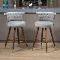 Set aus 2 höhenverstellbaren Barhockern mit Lehne mit Bezug in Samtoptik und Nieten, Holzbeinen für Küche und Esszimmer, weicher Sitz, Grau(m-5)