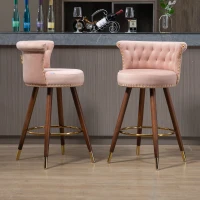 Set aus 2 höhenverstellbaren Barhockern mit Lehne, Nieten, Bezug in Samtoptik und Holzbeine für Küche und Esszimmer, umhüllender Sitz, Rosa(m-4)