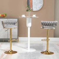 Set aus 2 höhenverstellbaren Barhockern mit Lehne und 360°-Drehung, Bezug in Samtoptik, Grau(m-2)