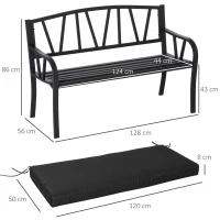 Outsunny 2-Seater Garden Bench with Cushion, Metal Loveseat, Slatted Outdoor Park Chair with Decorative Backrest and Armrest, Black(m-3)