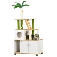PawHut Krabpaal Katteboom, inclusief Kast, 1 Kattenhol, 80 x 48 x 160cm, 1 Ladder, Eik + Wit(m-10)
