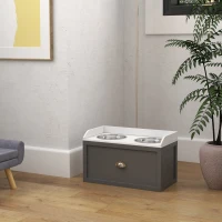 PawHut Voerstation Verhoogde Voerbakken 1 Opbergruimte 2 Roestvrijstalen Voerbakken, 60 x 30 x 42 cm, Wit(m-9)