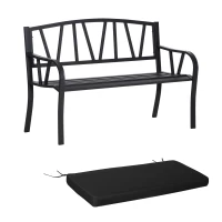 Outsunny 2-Seater Garden Bench with Cushion, Metal Loveseat, Slatted Outdoor Park Chair with Decorative Backrest and Armrest, Black(m-11)