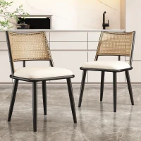 Juego de 2 Sillas de Comedor con Asiento de Pu y Respaldo de Ratán Estructura de Metal Negro(m-2)