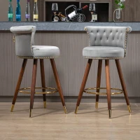 Set aus 2 höhenverstellbaren Barhockern mit Lehne mit Bezug in Samtoptik und Nieten, Holzbeinen für Küche und Esszimmer, weicher Sitz, Grau(m-4)