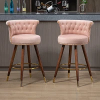 Set aus 2 höhenverstellbaren Barhockern mit Lehne, Nieten, Bezug in Samtoptik und Holzbeine für Küche und Esszimmer, umhüllender Sitz, Rosa(m-5)