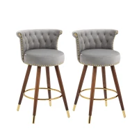 Set aus 2 höhenverstellbaren Barhockern mit Lehne mit Bezug in Samtoptik und Nieten, Holzbeinen für Küche und Esszimmer, weicher Sitz, Grau(m-1)