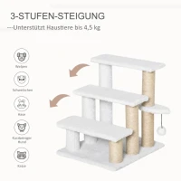 PawHut Katzentreppe 3-stufige Haustiertreppe mit Kratzsäulen Ball Hundetreppe Tiertreppe für Katzen bis 5 kg Plüsch Jute Weiß 45 x 40 x 48 cm(m-4)