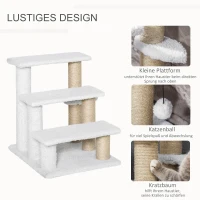 PawHut Katzentreppe 3-stufige Haustiertreppe mit Kratzsäulen Ball Hundetreppe Tiertreppe für Katzen bis 5 kg Plüsch Jute Weiß 45 x 40 x 48 cm(m-5)