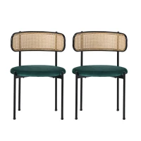 Juego de 2 Sillas de Comedor de Tela Efecto Terciopelo con Patas de Metal y Respaldo de Ratán 45x40x75 cm Verde(m-9)