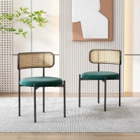 Juego de 2 Sillas de Comedor de Tela Efecto Terciopelo con Patas de Metal y Respaldo de Ratán 45x40x75 cm Verde(m-8)