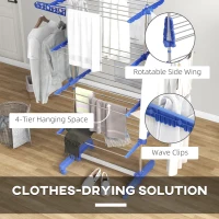 HOMCOM Four-Shelf Collapsing Clothes Horse, With Side Arms and Wheels - Blue(m-5)