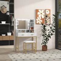 HOMCOM Masă de Machiaj cu Oglindă LED și Scaun, 2 Sertare, 5 Rafturi, pentru Baie, Alb(m-2)