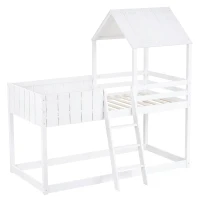 Wooden Mid Sleeper Beds with Treehouse Canopy, Ladder and Guard Rail, Bunk Beds for Kids with Space-Saving Design, 197.5x97x196 cm, White(m-2)