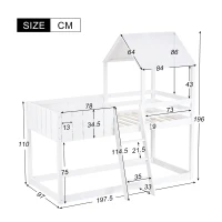 Wooden Mid Sleeper Beds with Treehouse Canopy, Ladder and Guard Rail, Bunk Beds for Kids with Space-Saving Design, 197.5x97x196 cm, White(m-3)