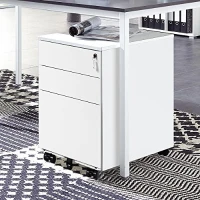 Lockable Mobile File Cabinet with 3 Drawers, Solid Steel Pedestal with 5 Casters and Keys, 39x52x60 cm, White(m-1)