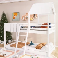 Wooden Mid Sleeper Beds with Treehouse Canopy, Ladder and Guard Rail, Bunk Beds for Kids with Space-Saving Design, 197.5x97x196 cm, White(m-1)