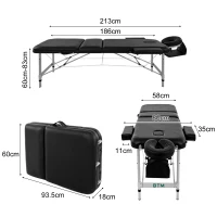 Portable Aluminium Massage Table, 3-Section Foldable Couch Bed with Adjustable Headrest, Arm Support, and Carrying Bag, Black(m-4)