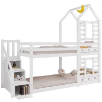 Children's Cabin Bunk Bed with Stairs, Solid Pine Wood Twin Sleeper with Storage and Underbed Drawers for Kids Boys Girls, 235x97x217 cm, White(m-2)