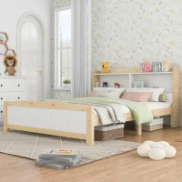 Wooden Double Bed Frame with Storage Headboard, Durable Construction, Ideal for Any Room, Suitable for Adults Kids, 4FT 6 Size, 135x190 cm, White(m-6)