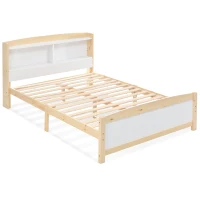 Wooden Double Bed Frame with Storage Headboard, Durable Construction, Ideal for Any Room, Suitable for Adults Kids, 4FT 6 Size, 135x190 cm, White(m-2)