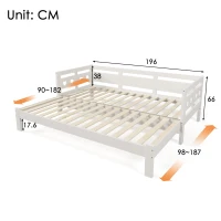Heart-Shaped Wooden Daybed Frame with Pull-Out Trundle, 3FT Single Sofa Bed for Children Adults, Guest bed for Living Room, 196x98-187x66 cm, White(m-3)